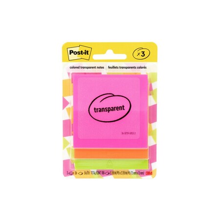 Post-It Transparent Notes, Unruled, 2.88x2.88 in., Assorted Transparent Colors, 36 Sheets/Pad, 3 Pads/Pack, 108PK 7100293033
